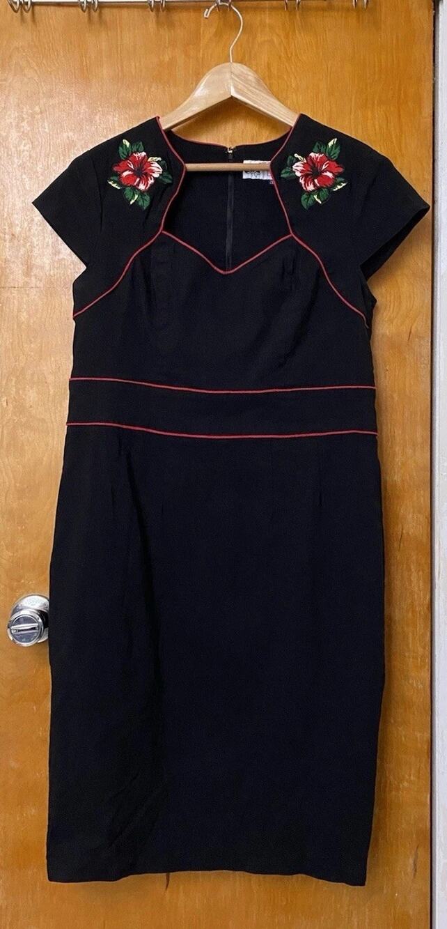 Hell Bunny Vixen Black Hibiscus Retro Pinup Wiggle Pencil Dress Bombshell Sz 2XL